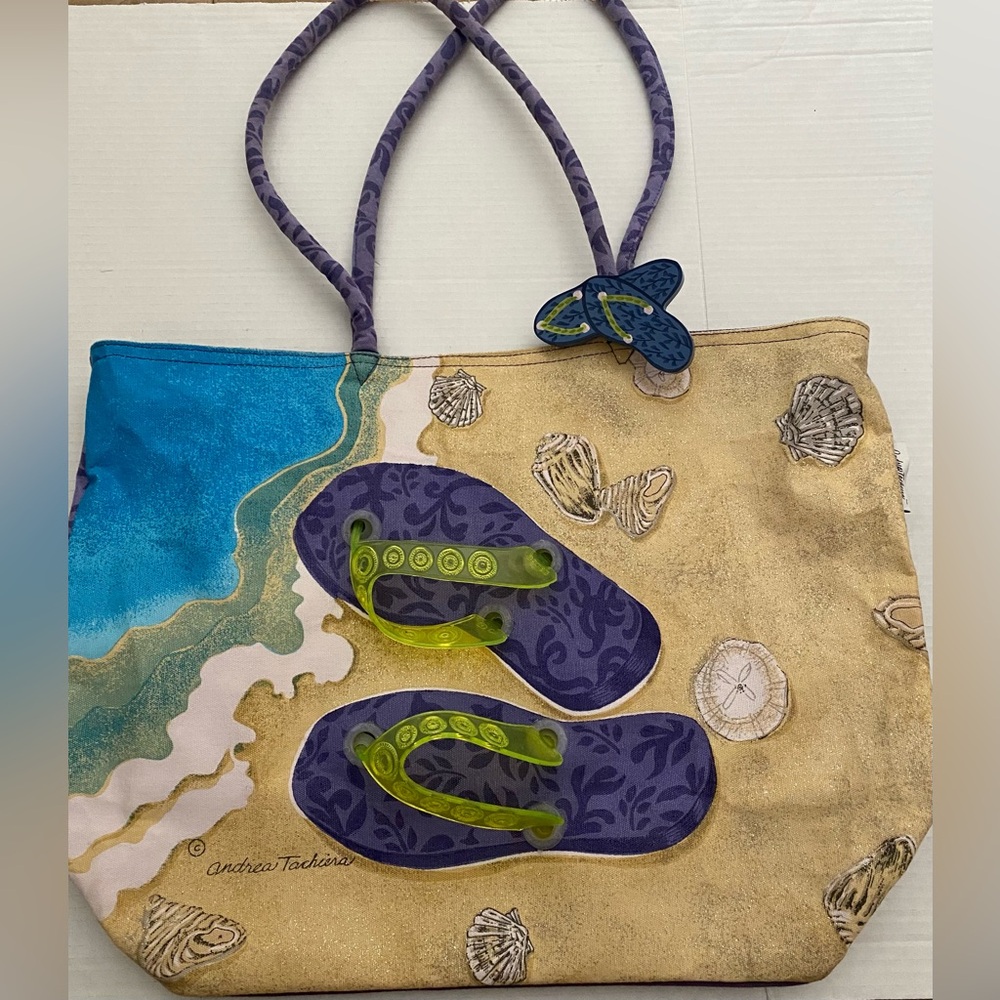 Andrea Tachiera Canvas Beach Day Flip Flop Shells Large Tote Bag